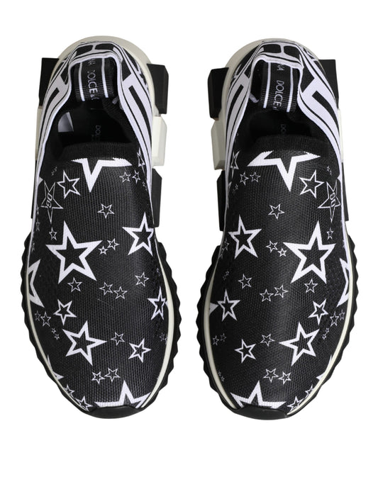 Pair of black sneakers with white stars and logo on side