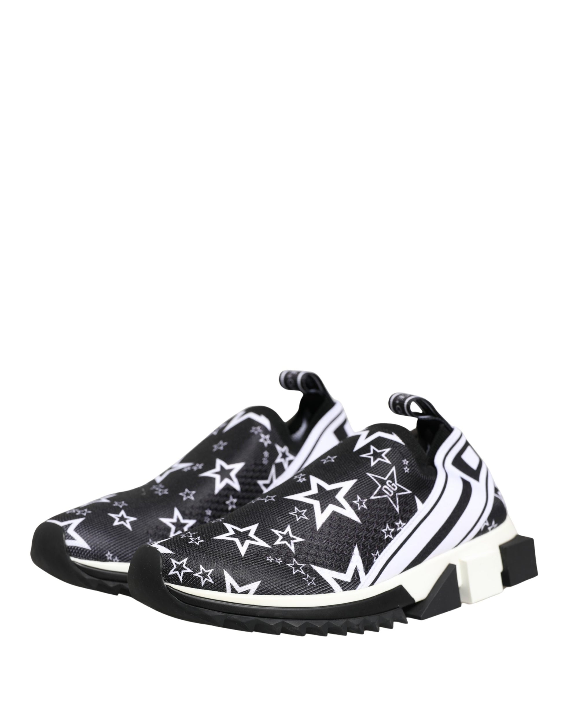 A pair of black sneakers with white stars and stripes, featuring a logo on the side