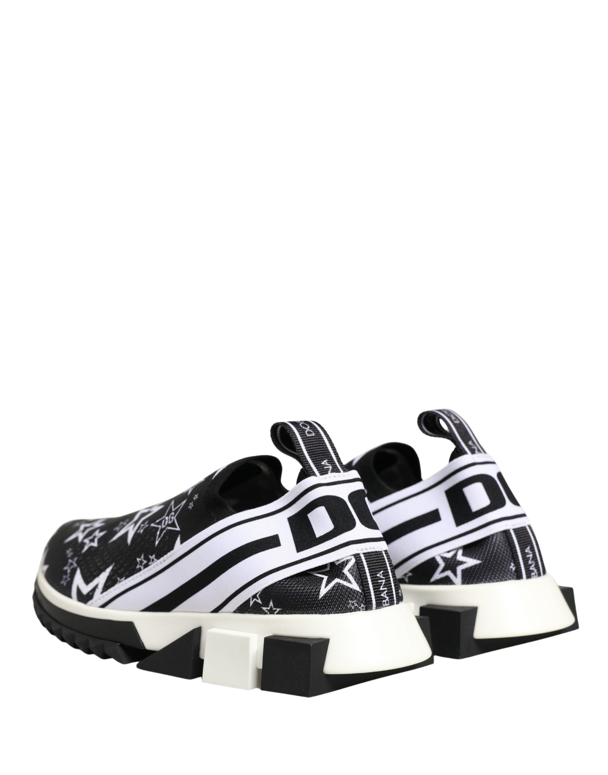 Pair of black sneakers with white stars logo and white laces