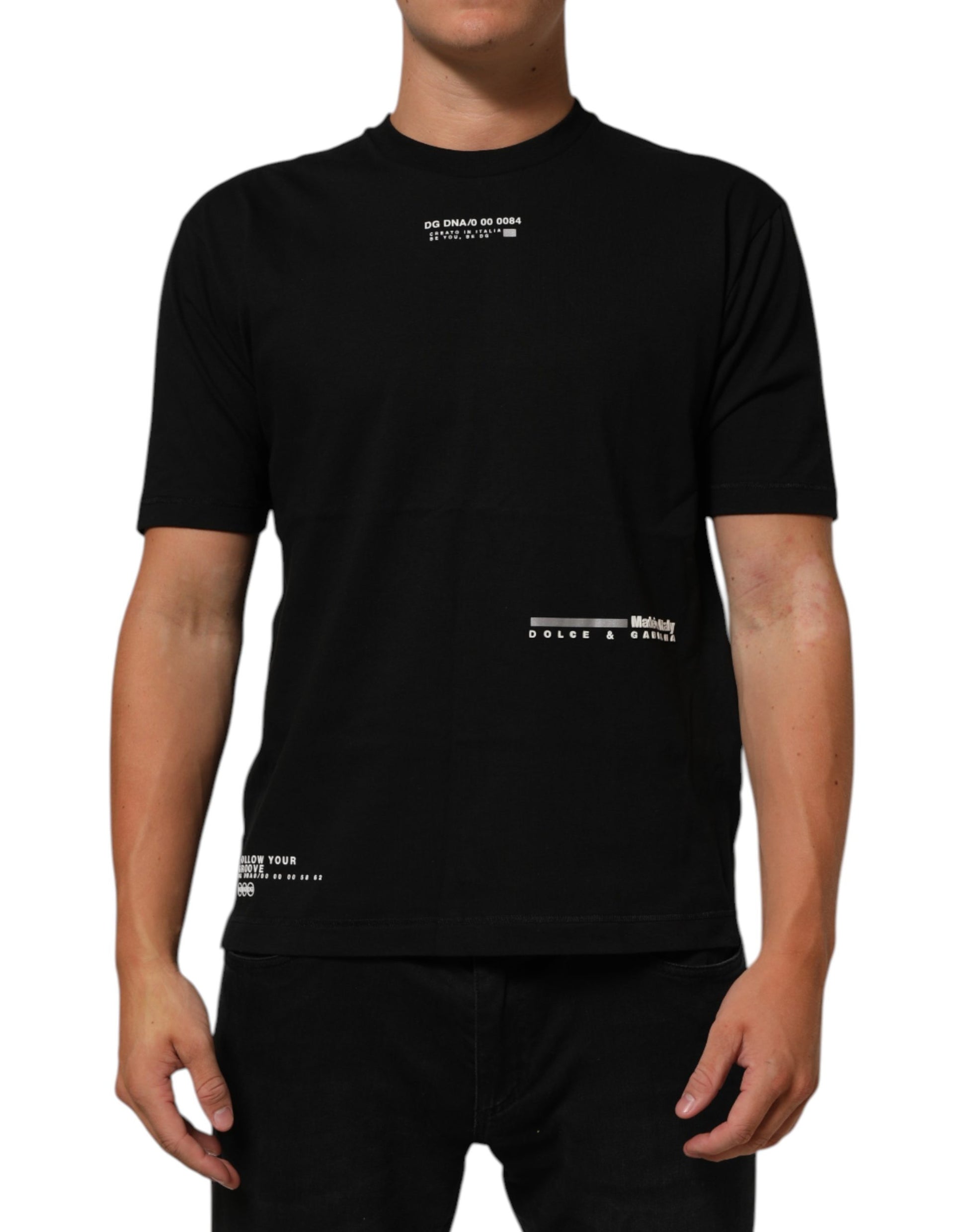 Black t-shirt with white text and design on front