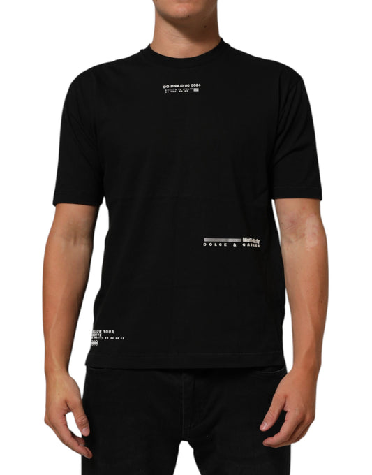 Black t-shirt with white text and design elements
