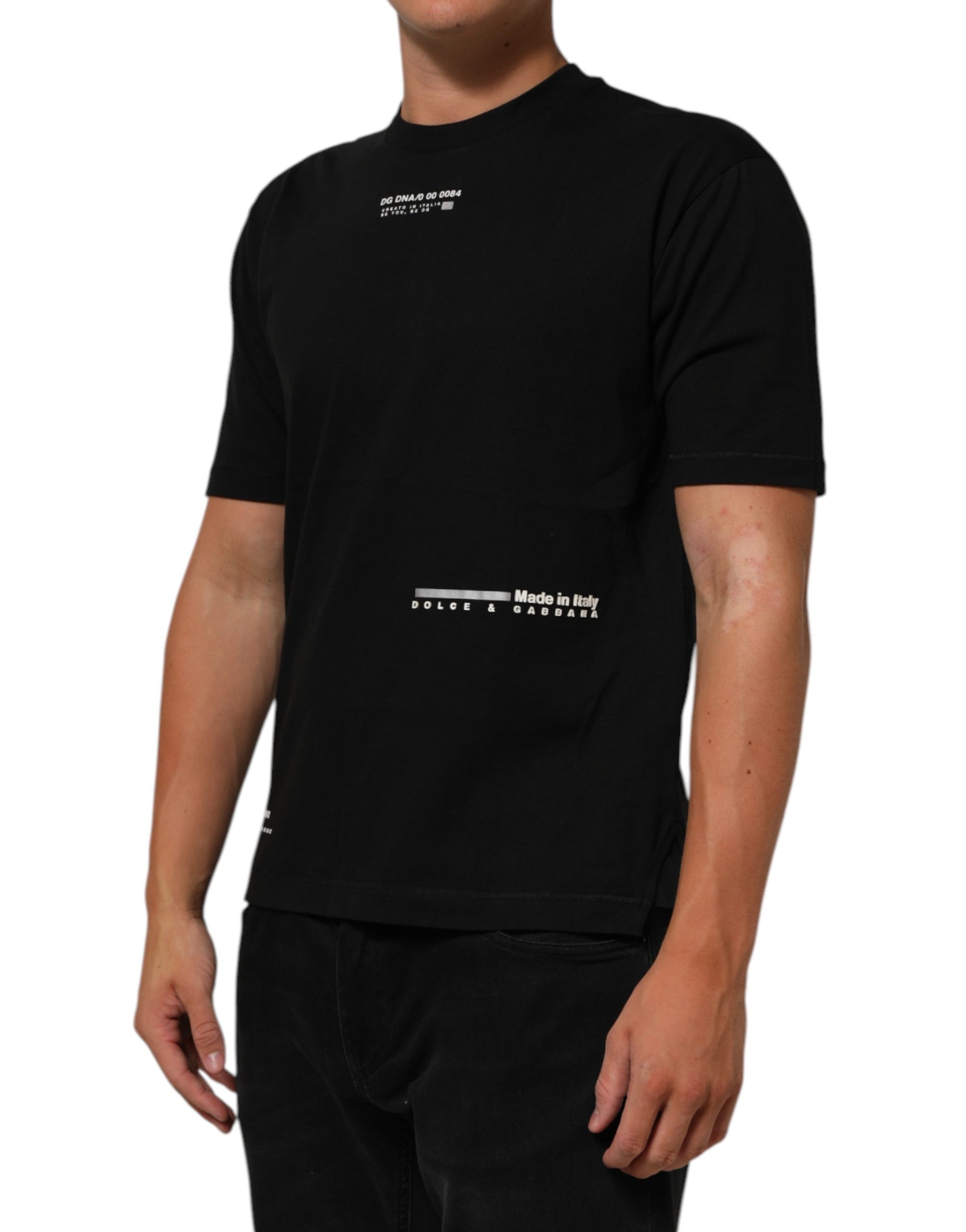 Black t-shirt with white print on front