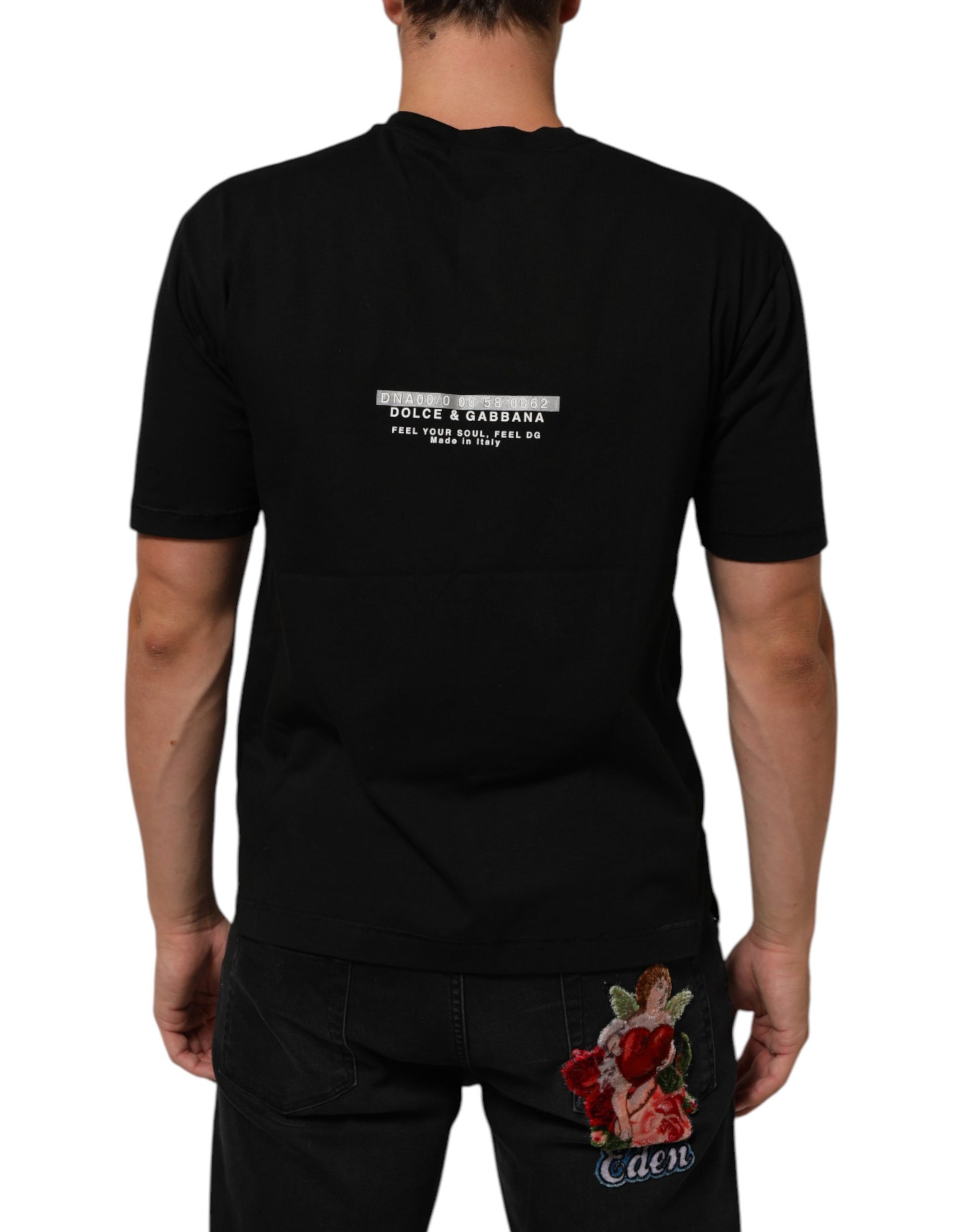 Black t-shirt with white lettering on back