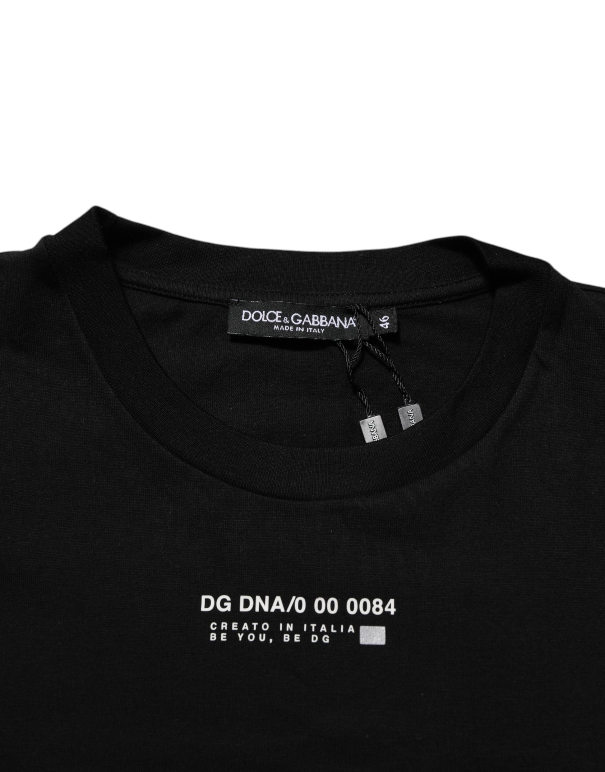 Black t-shirt with white text on front