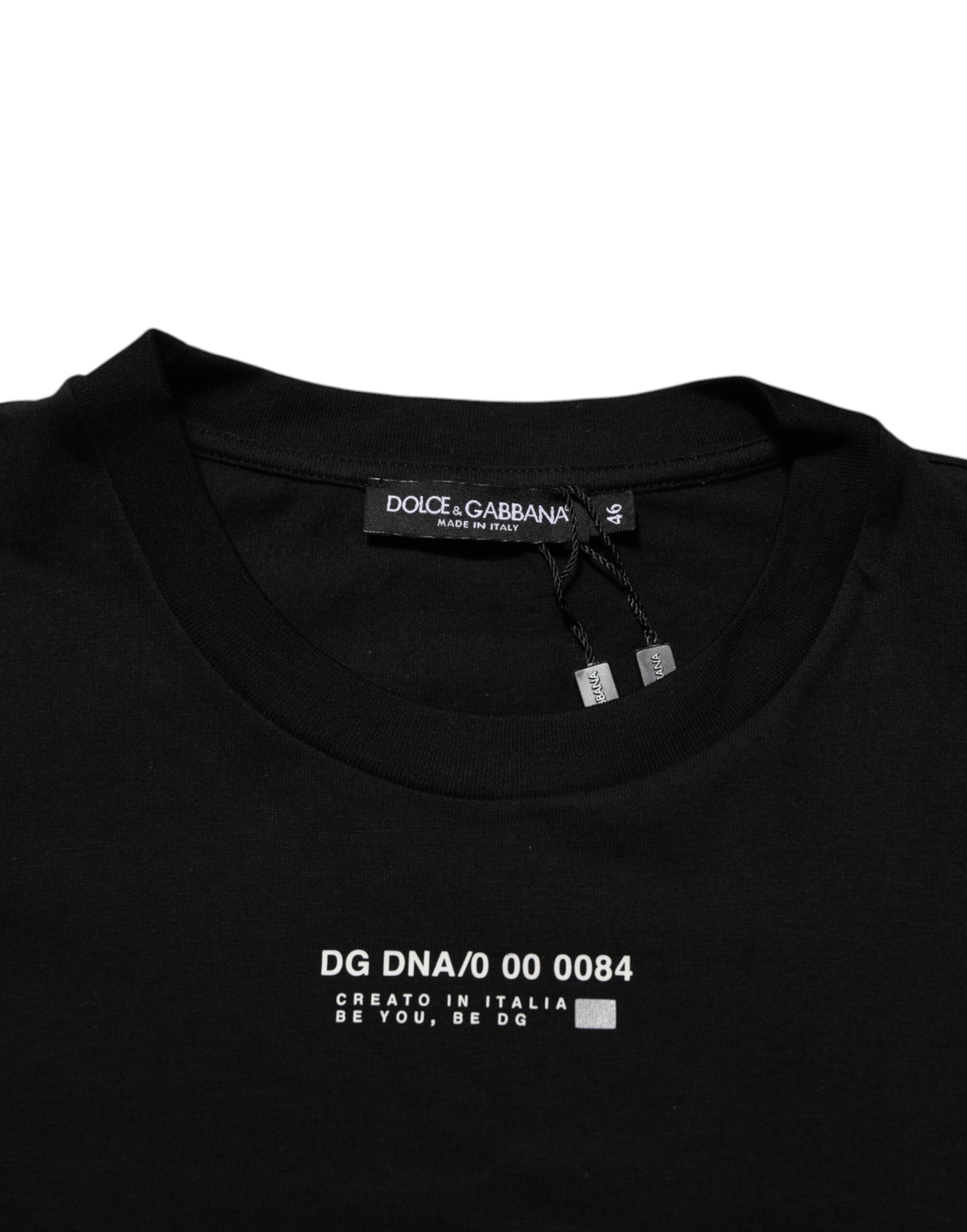 Black t-shirt with white lettering and logo