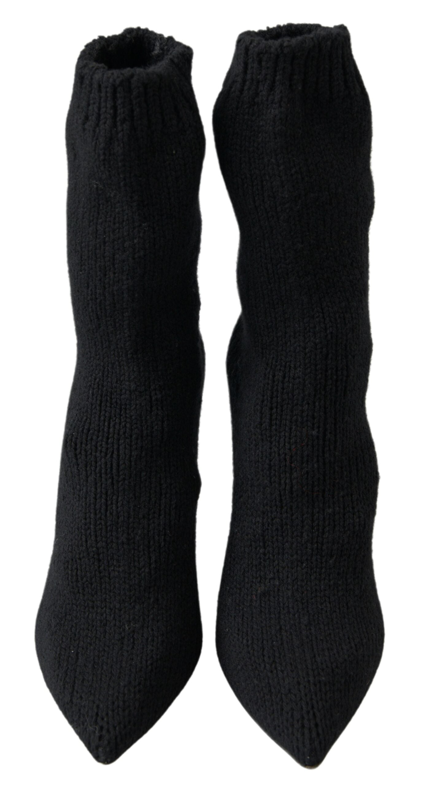 Two black socks with ribbed texture and elastic tops