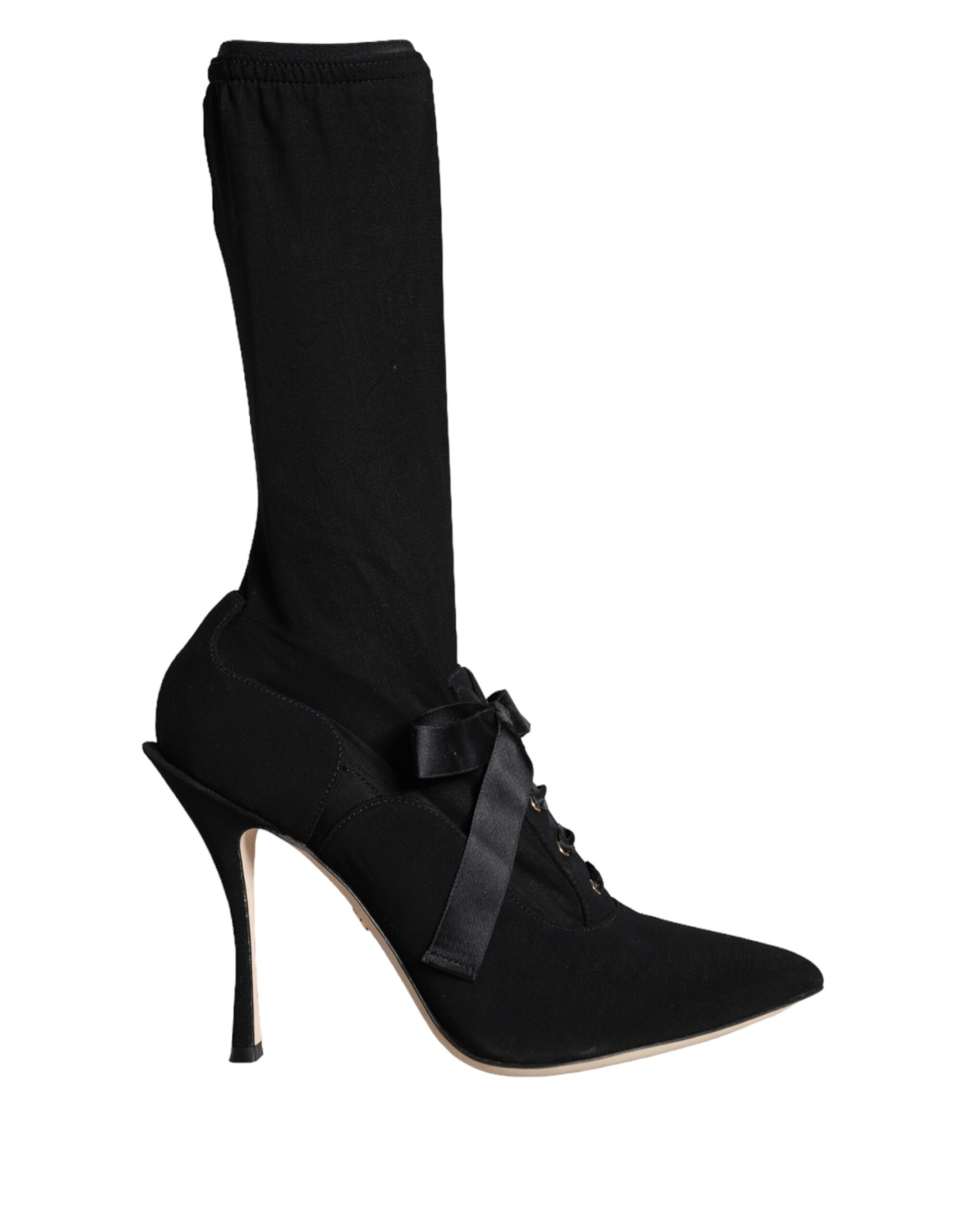 Black knee high boots with bow detailing