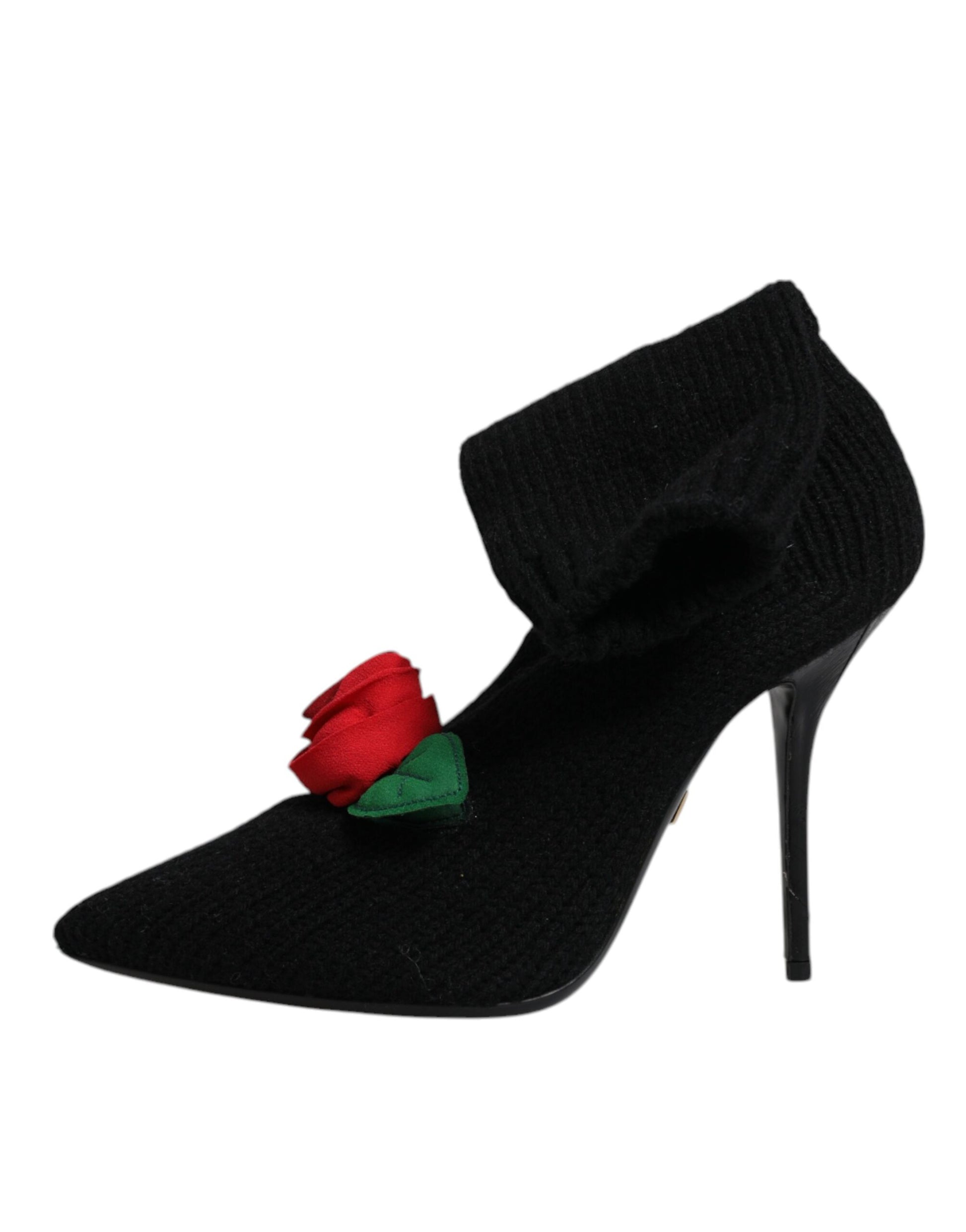 Black high heel shoe with red rose embellishment
