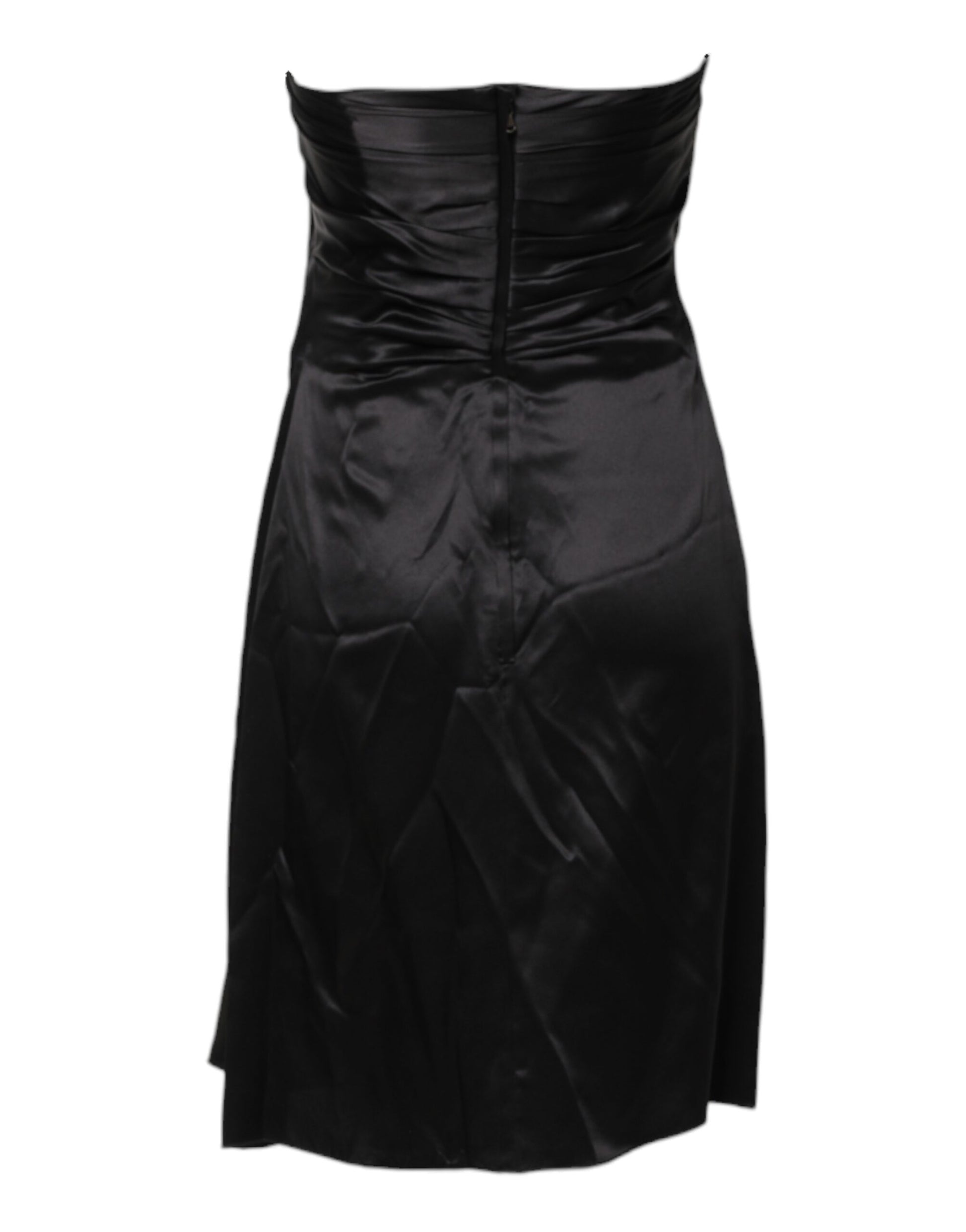 Black strapless sheath dress with ruched detailing and fitted waist