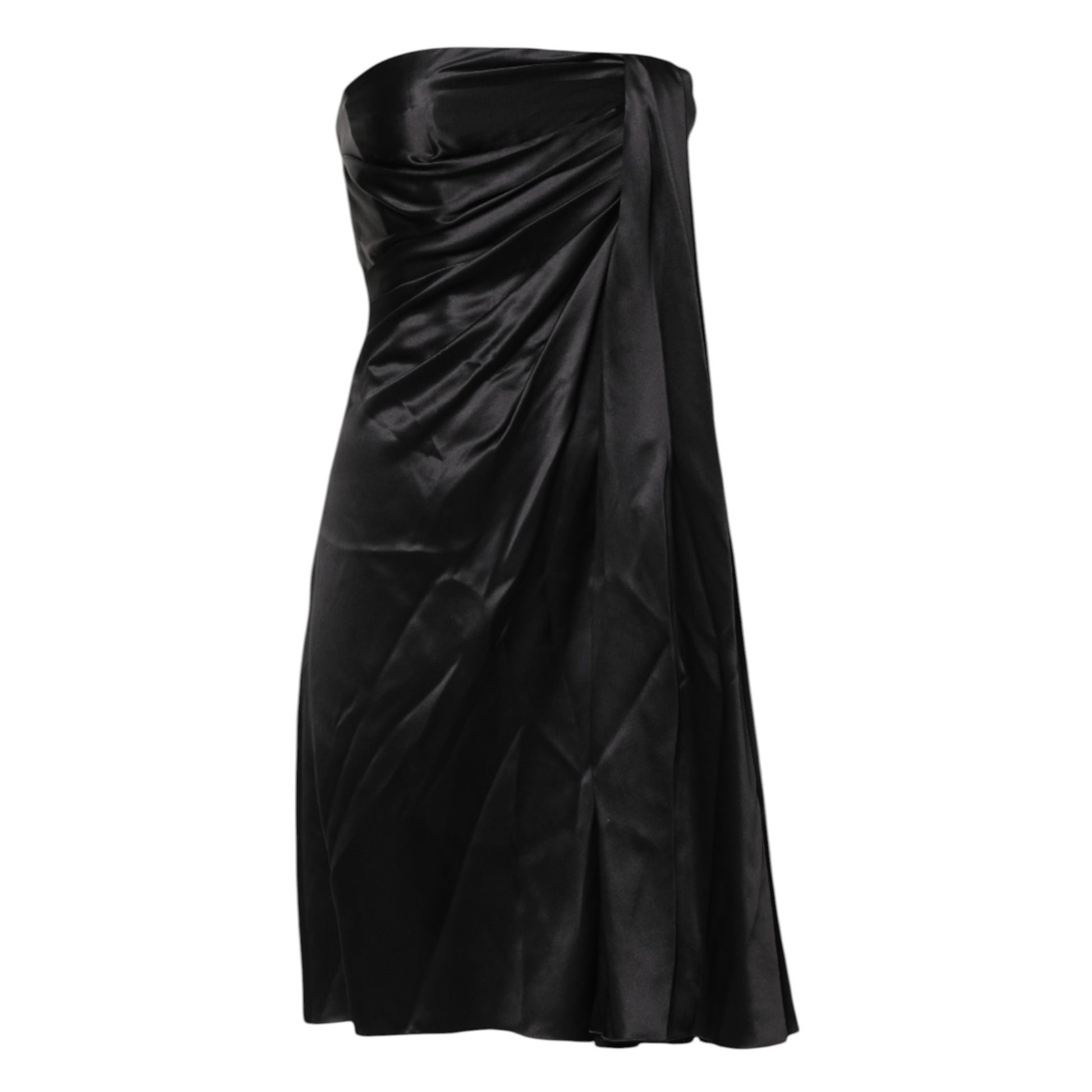 Black strapless sheath dress with fitted bodice and flared skirt