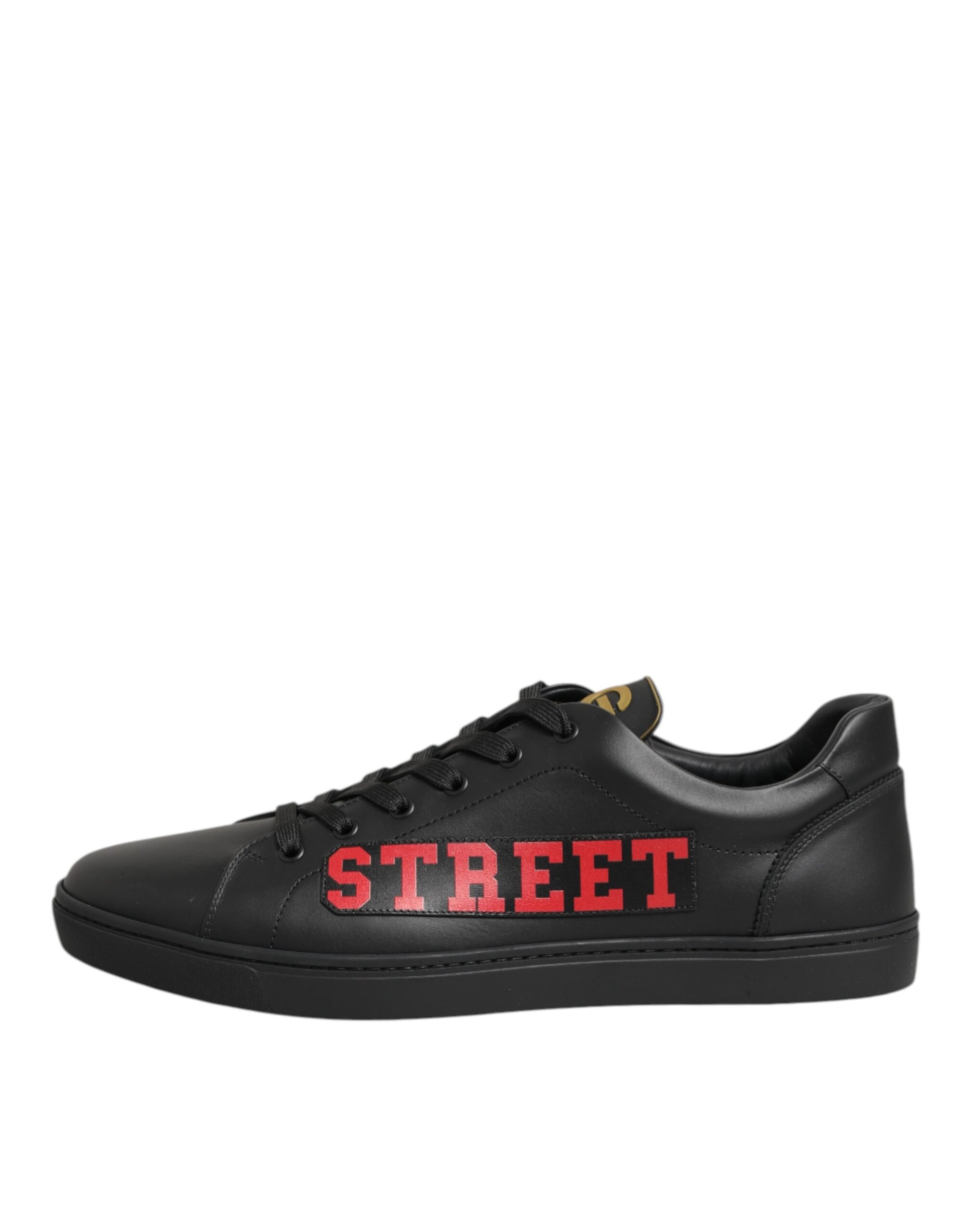 Black sneaker with red street logo on side