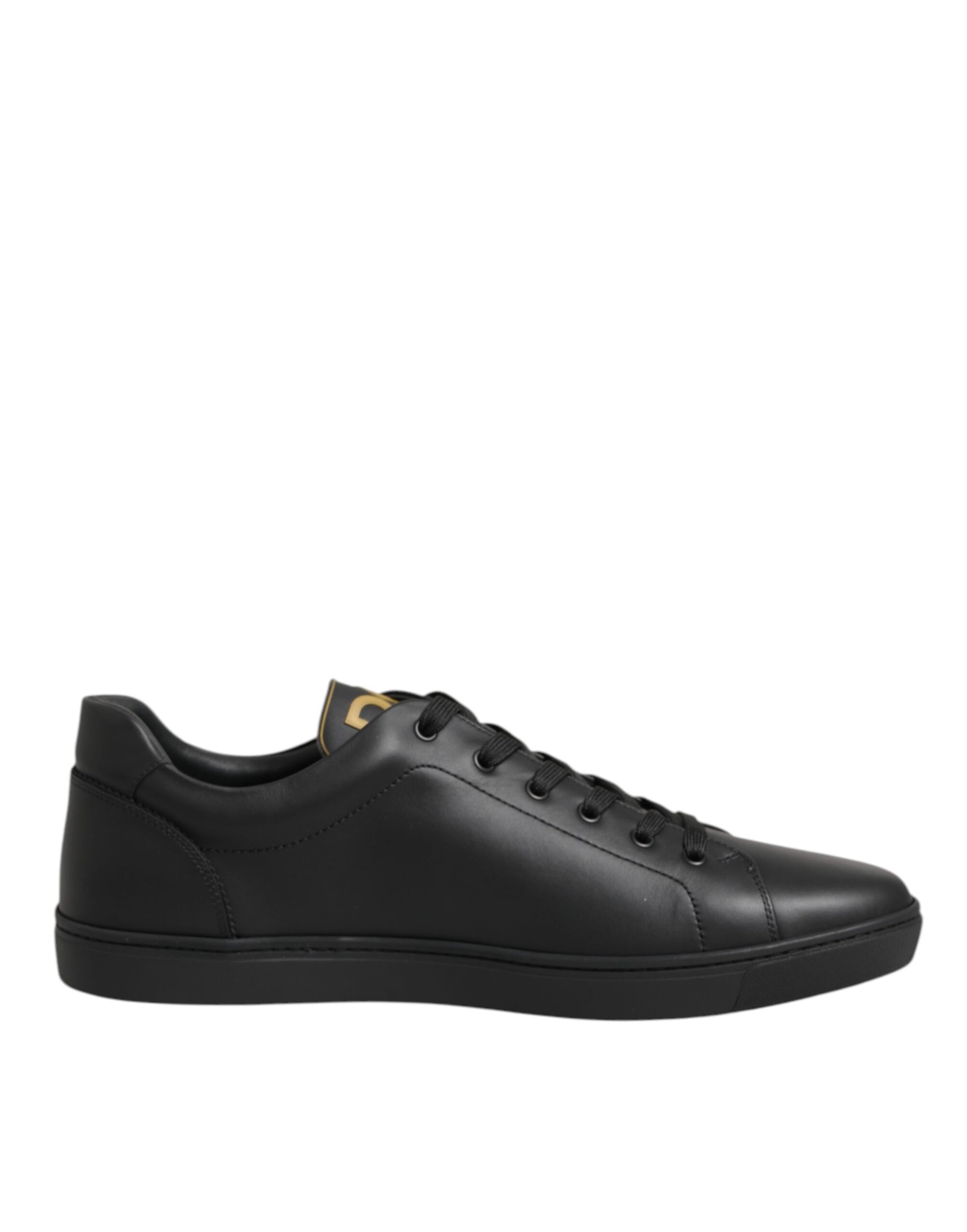 Black leather sneaker with gold laces