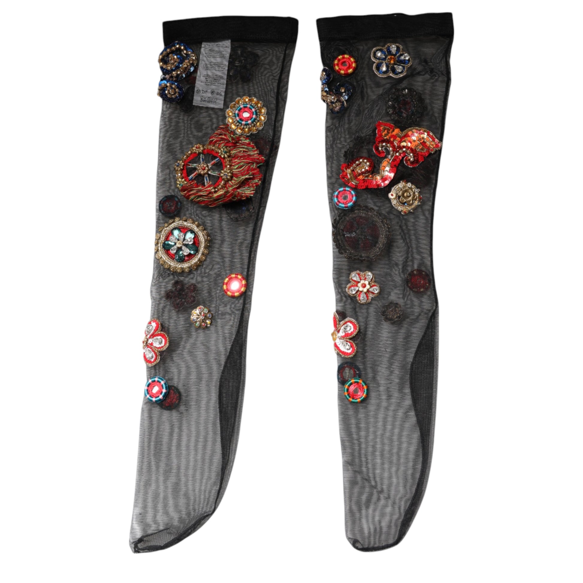 Pair of grey socks decorated with colorful embroidery