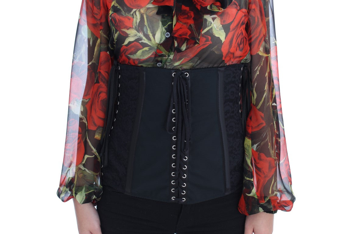 Black corset with red floral pattern
