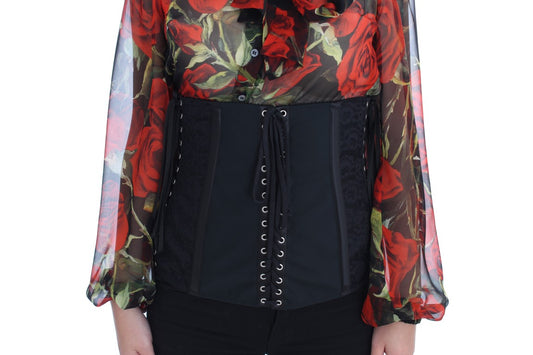 Black corset with red floral pattern