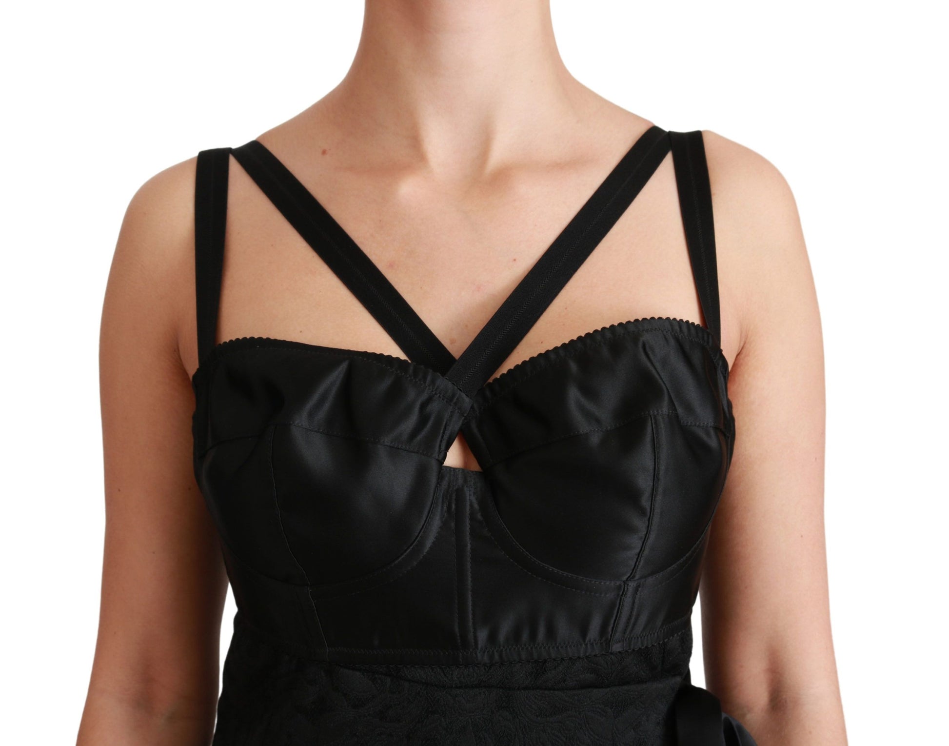A black strapless dress with a satin jacquard pattern and stretch material