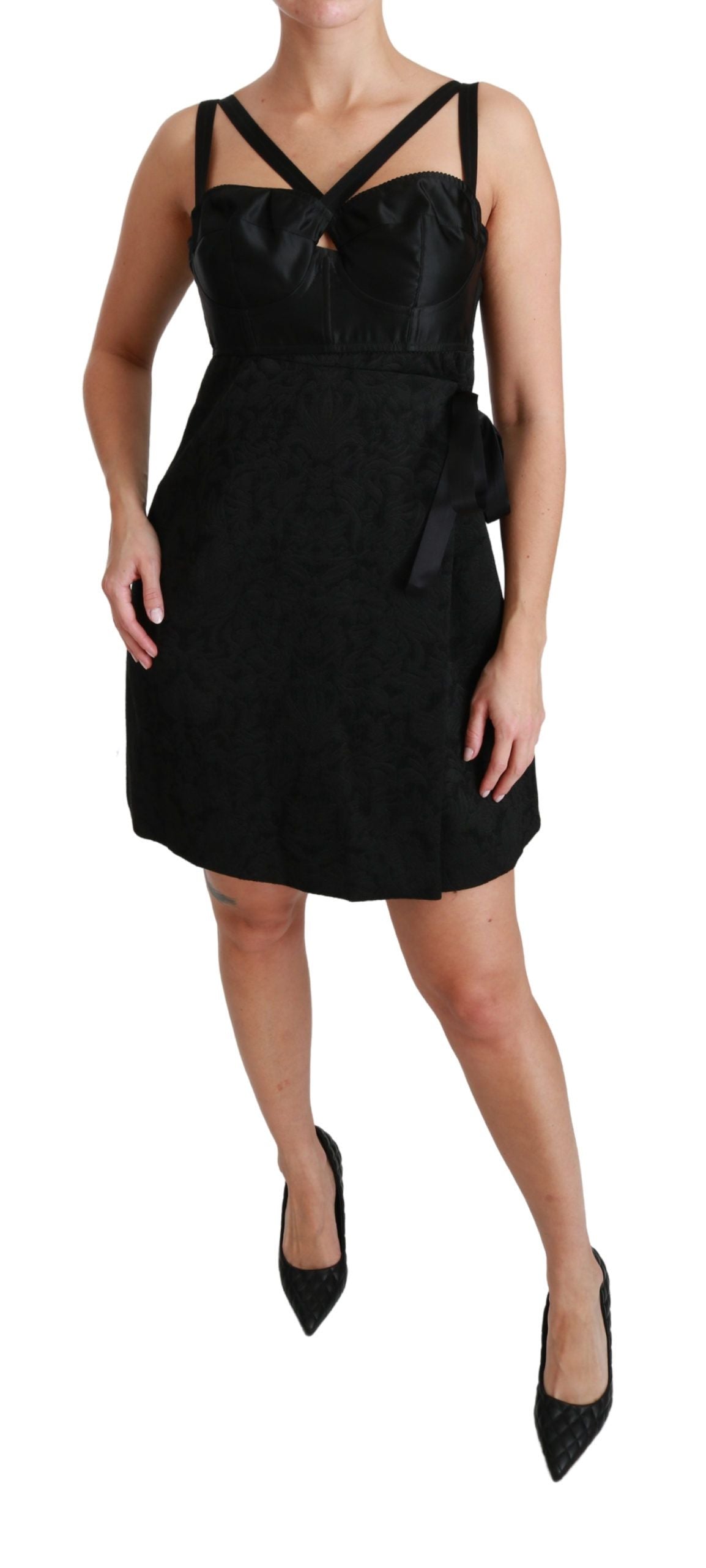 A black stretch satin jacquard mini dress with a halter neckline and short sleeves