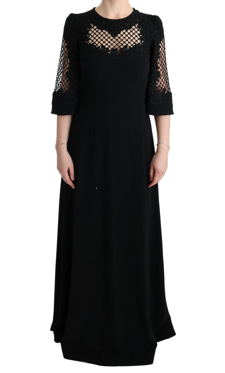 Long black dress with lace detailing on sleeves