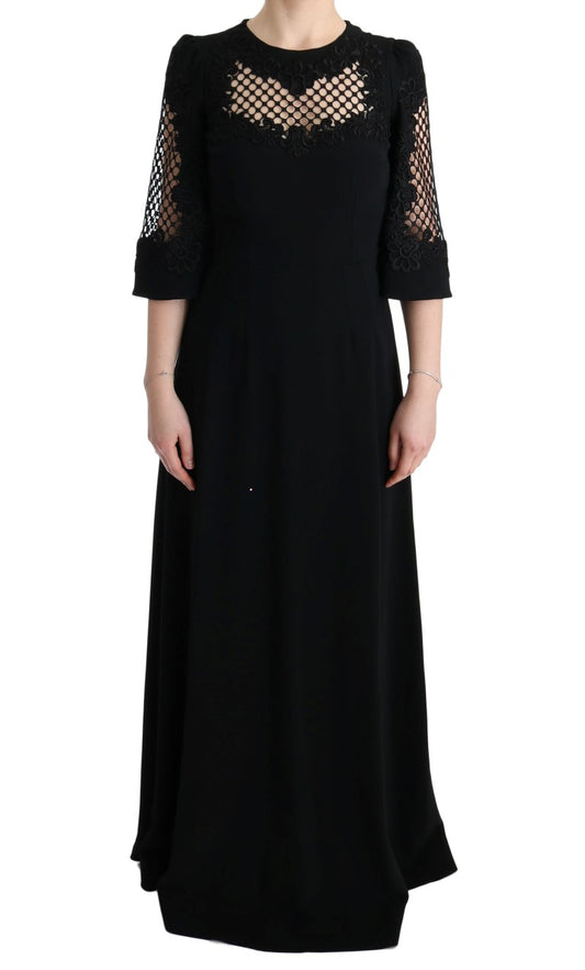 Long black dress with lace detailing on sleeves