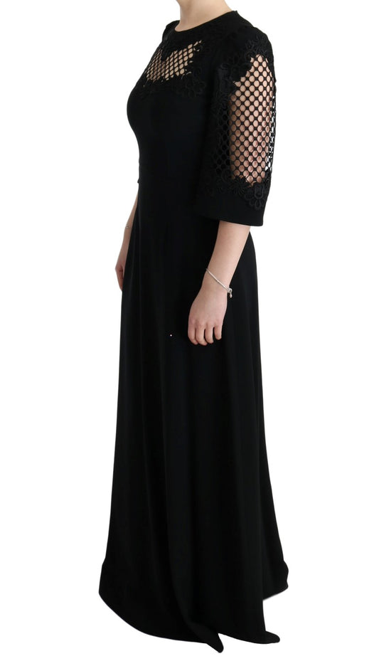 Long black dress with lace detailing on sleeves