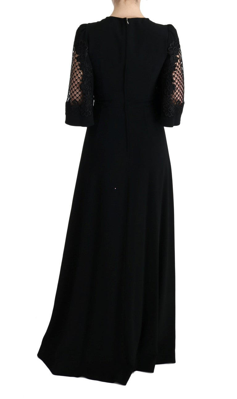 Long black dress with long sleeves and lace detailing
