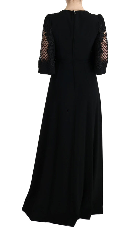 Long black dress with long sleeves and lace detailing