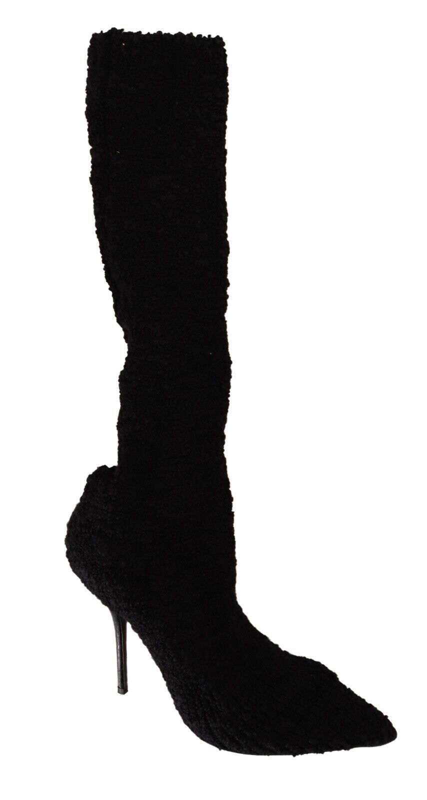 Black high heel boot with a pointed toe and stiletto heel