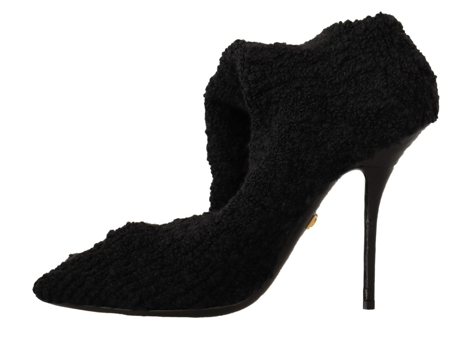 Black suede ankle strap heels with gold accents