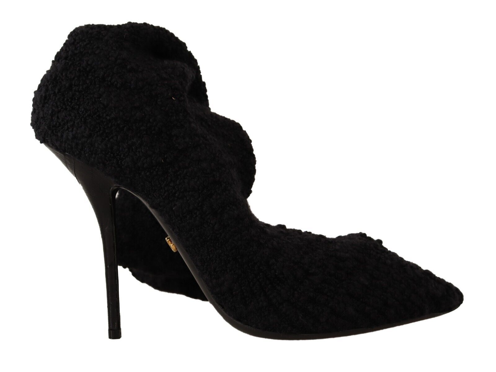 Black velvet ankle strap heels with a furry texture