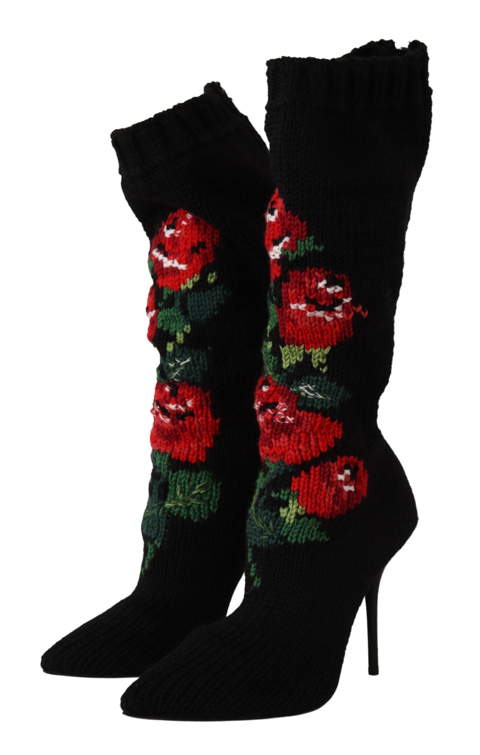Pair of black knee high boots with red rose embroidery on legs and heels