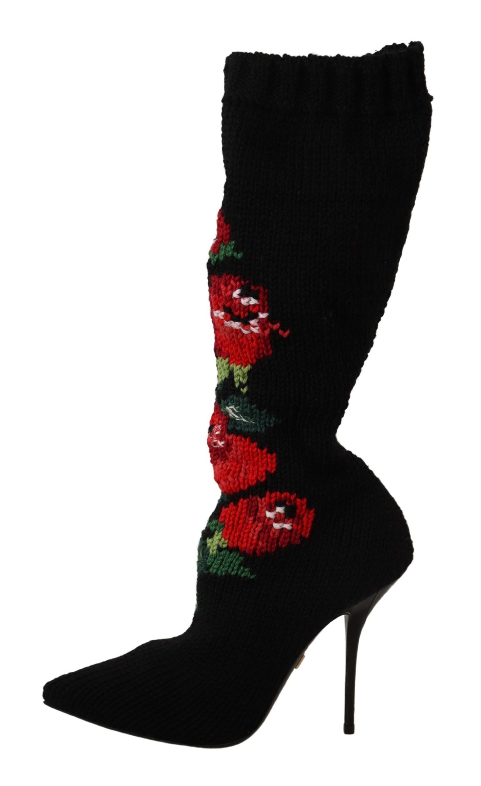Black knee high boot with red rose embroidery on side and heel