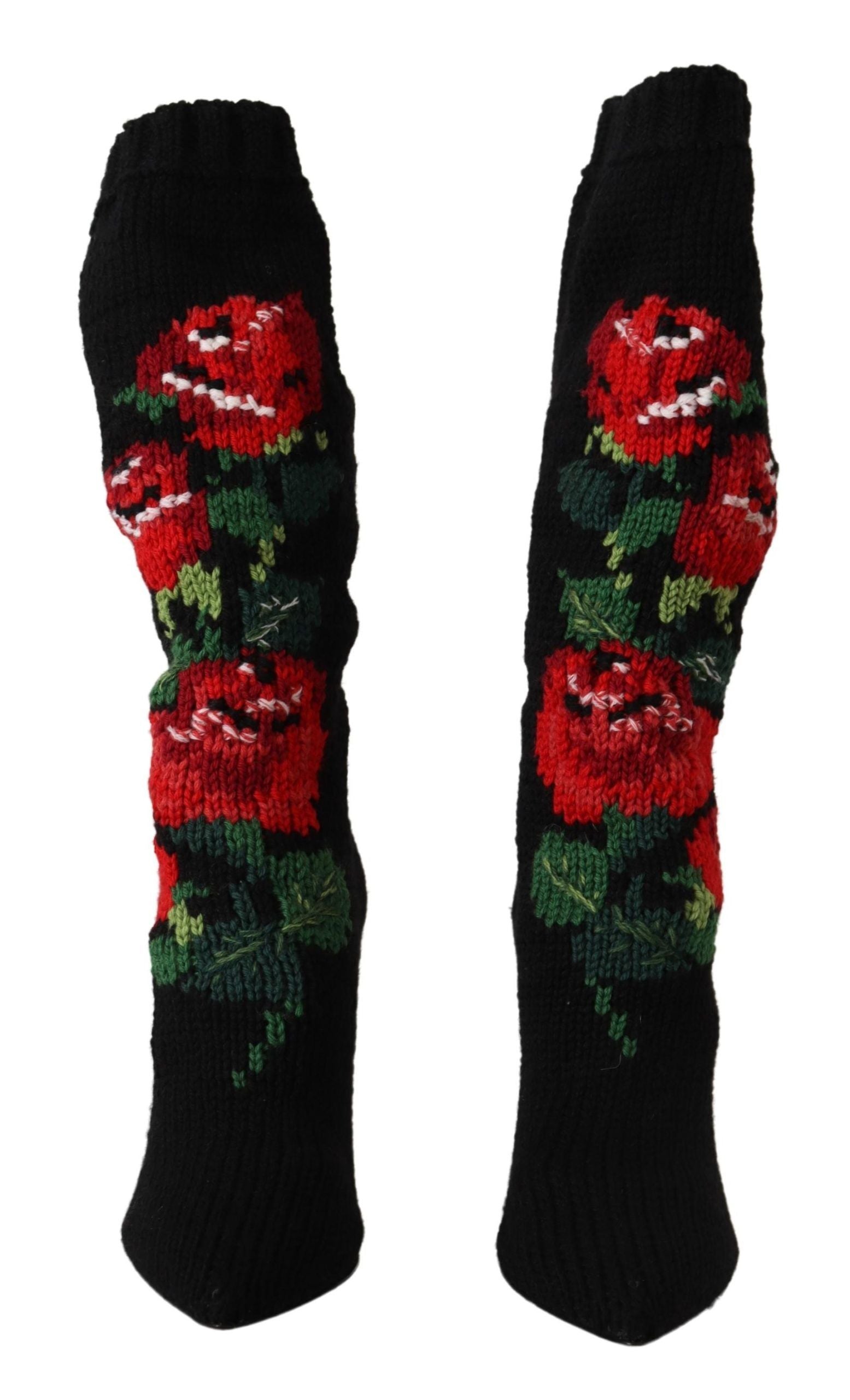 Two black socks with red rose embroidery