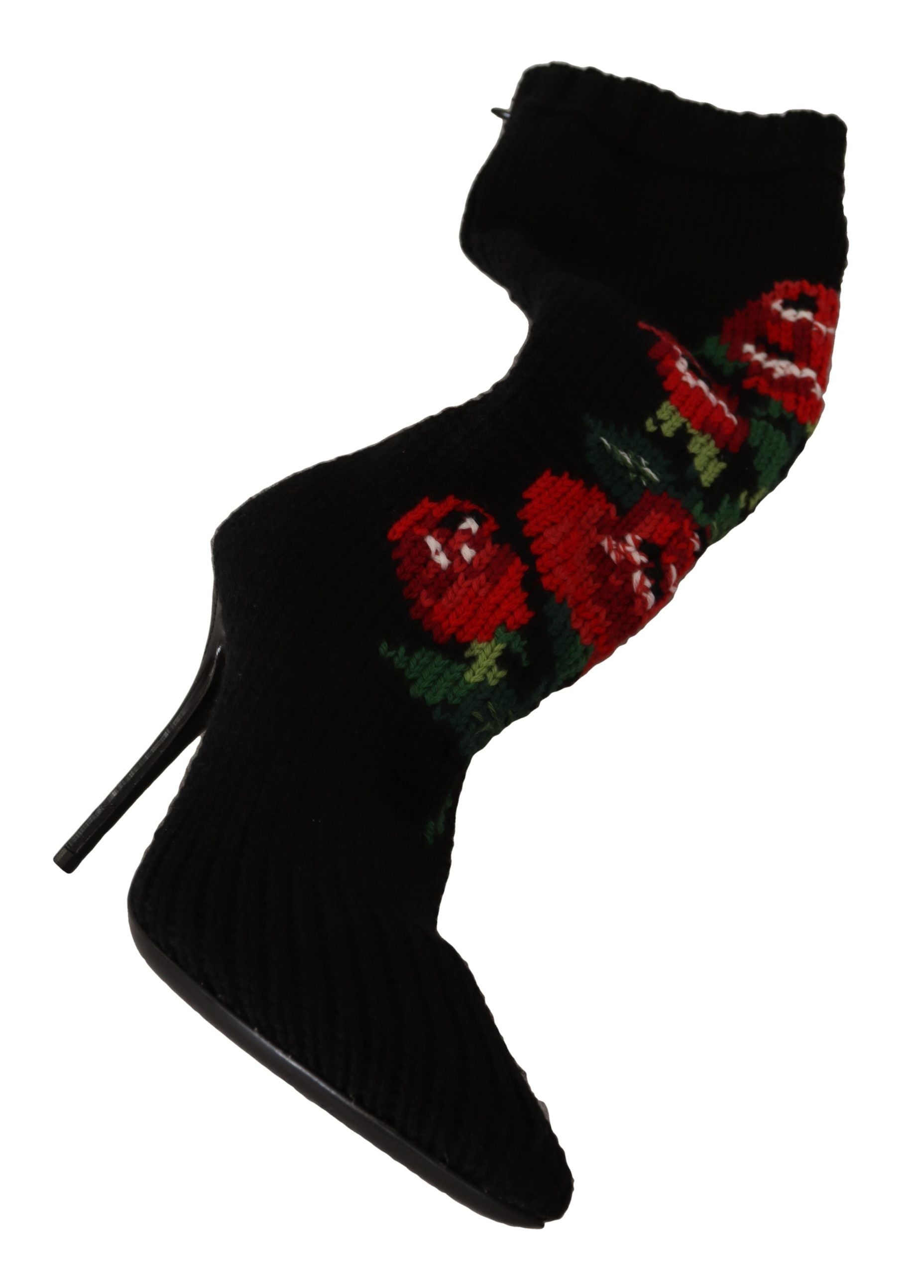 Black sock with red rose pattern