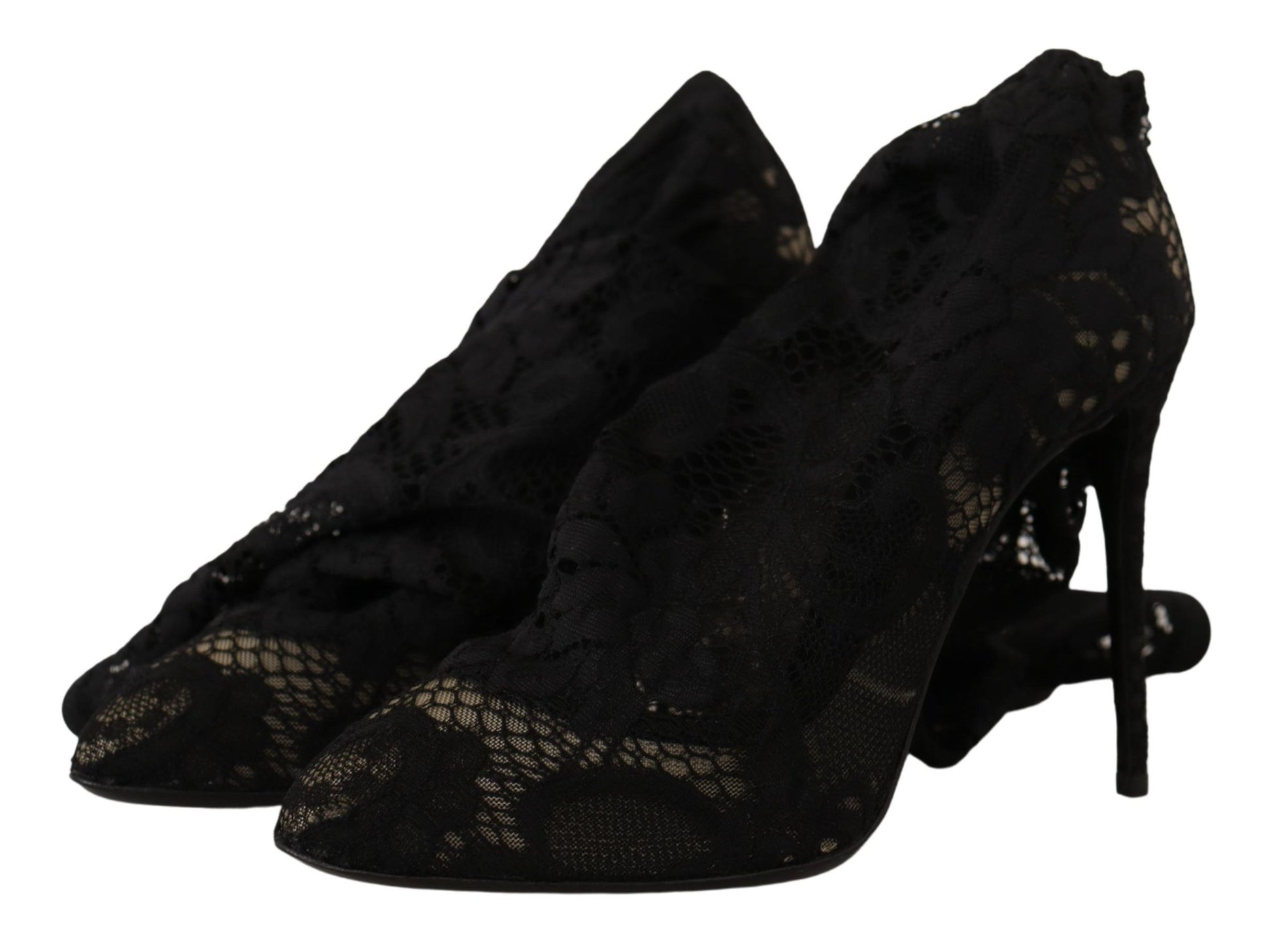 Pair of black lace high heel shoes