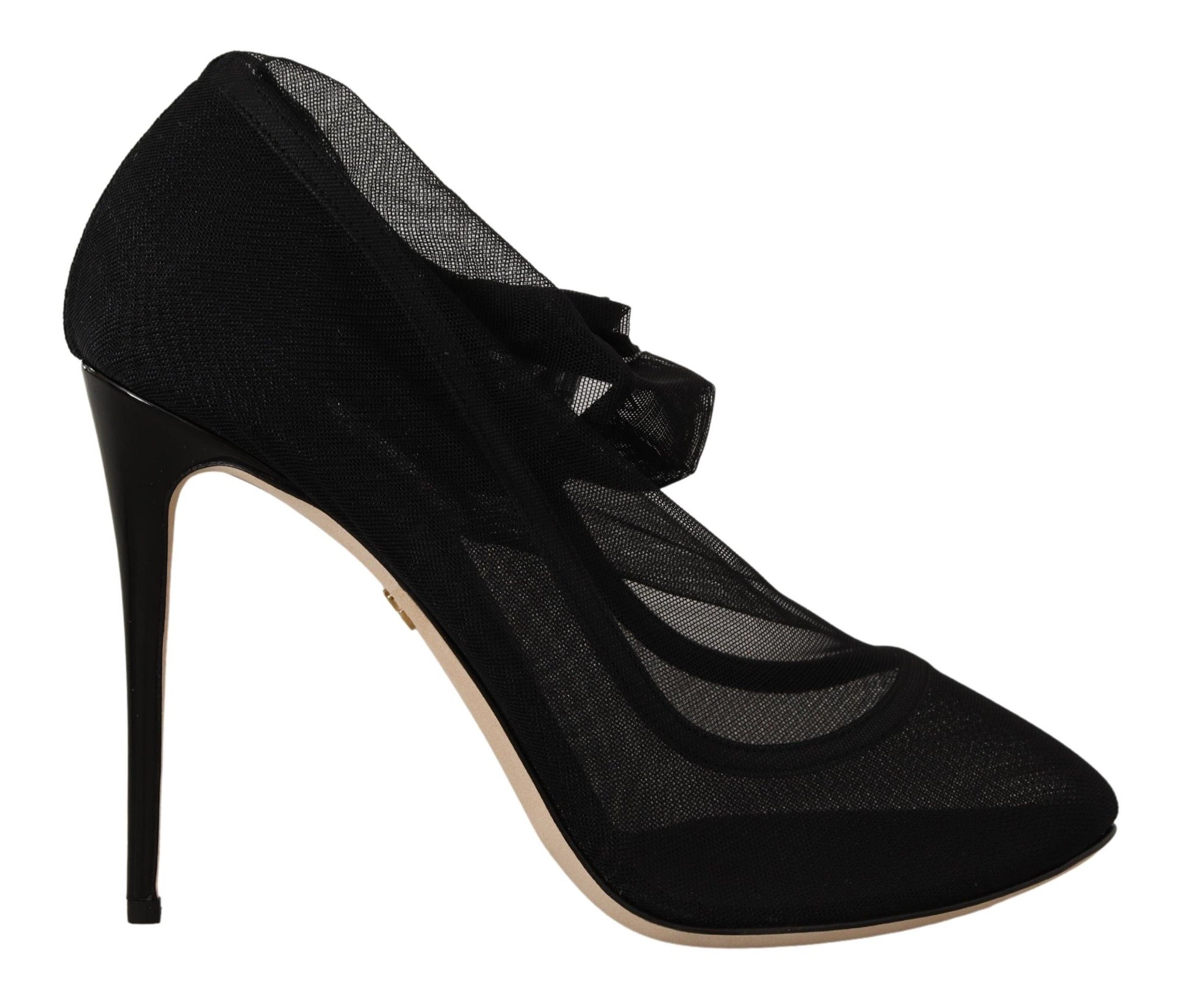 Black high heel shoes with mesh detailing and a bow on top