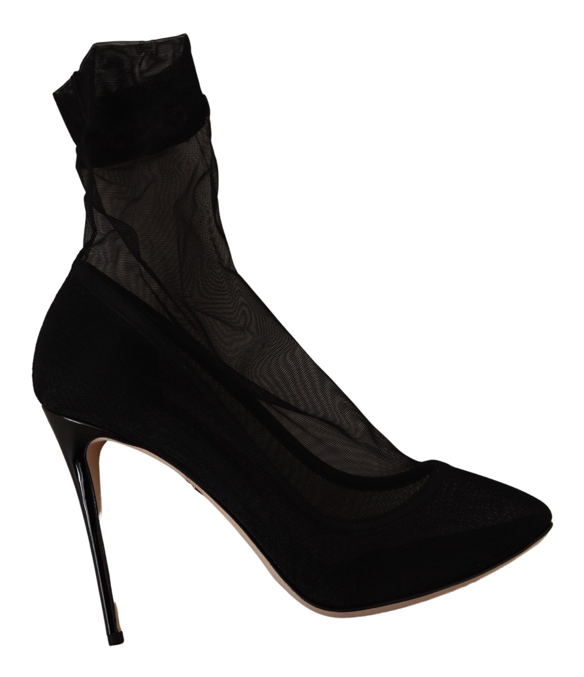 Black high heel boot with mesh side panel and stiletto heel