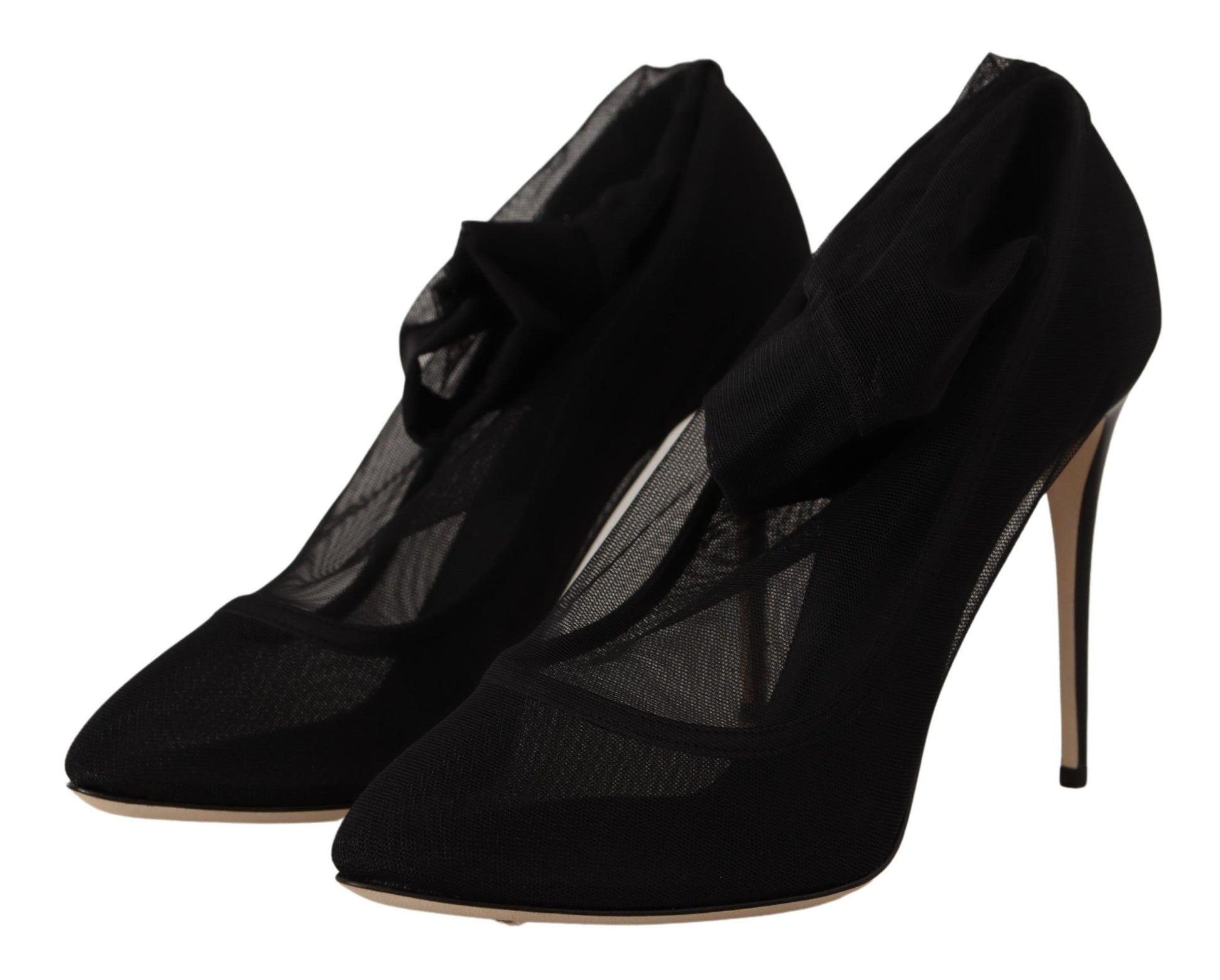 Pair of black high heel shoes with bow detailing and stiletto heels