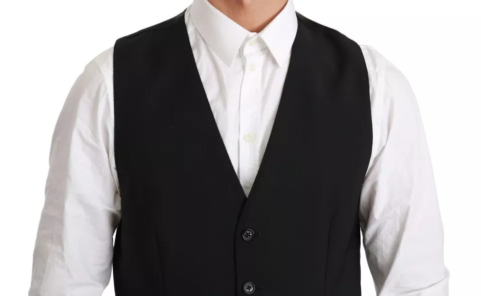 A black wool vest with a stretch waistband, part of a formal dress ensemble