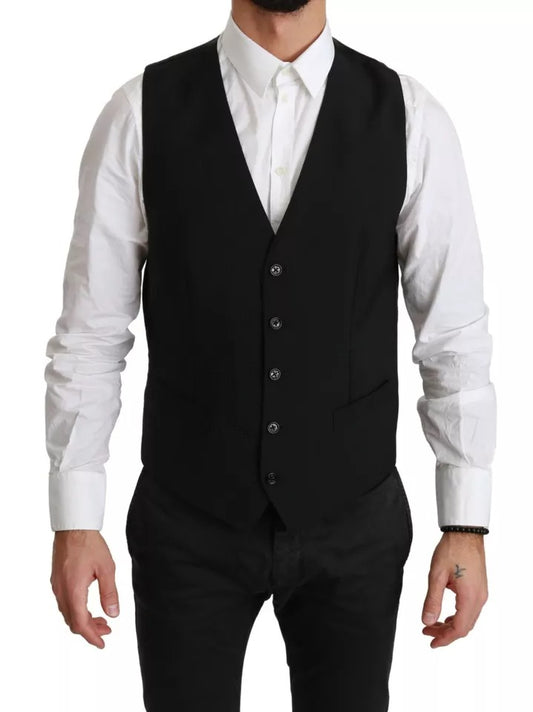 A black wool vest with a stretch waistband, part of a formal dress ensemble