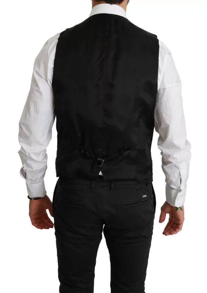 A black wool vest with a stretch waistband, part of a formal dress ensemble