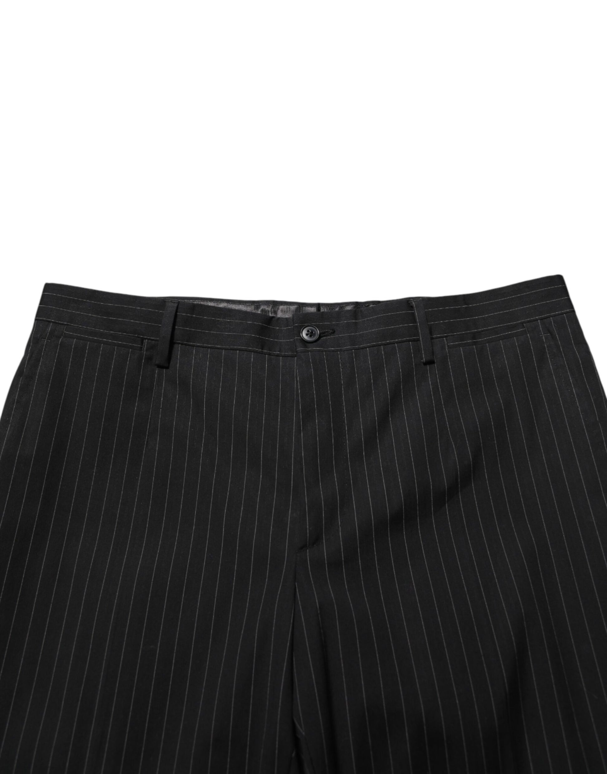 A pair of black striped trousers with a zipper fly and button closure. They are designed for formal men's wea