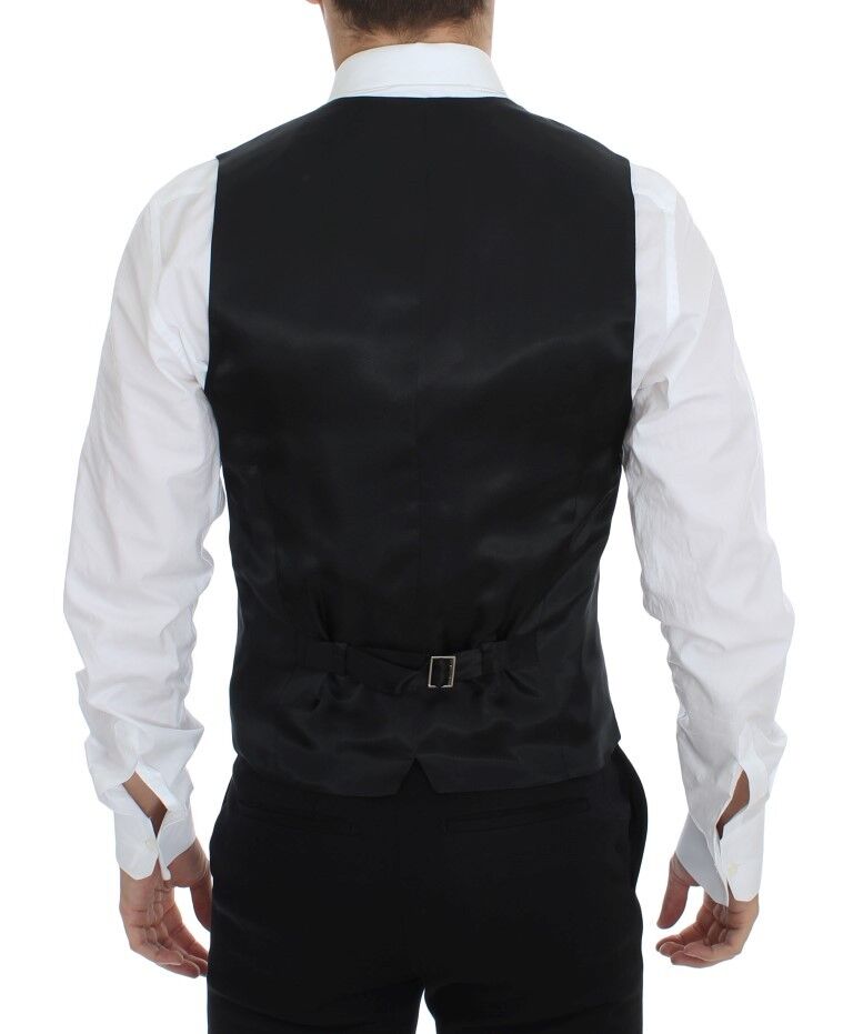 A black vest with white stripes, made of wool and silk