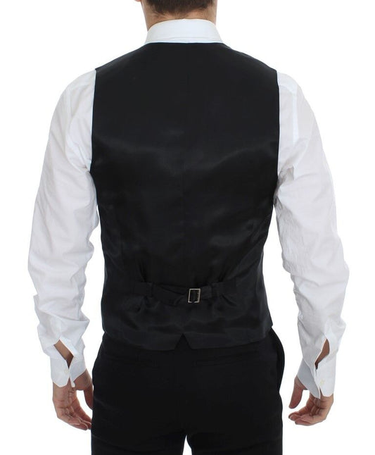 A black vest with white stripes, made of wool and silk