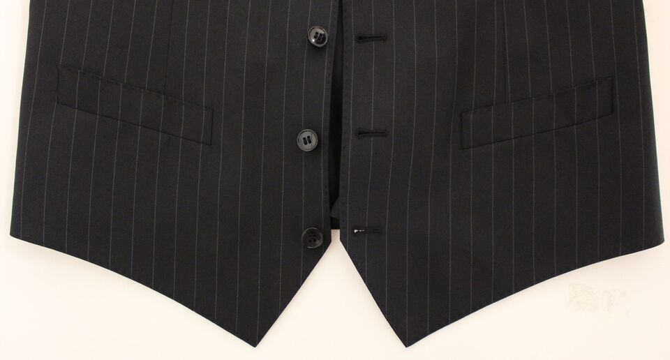 A black striped vest with buttons and pockets, part of a suit