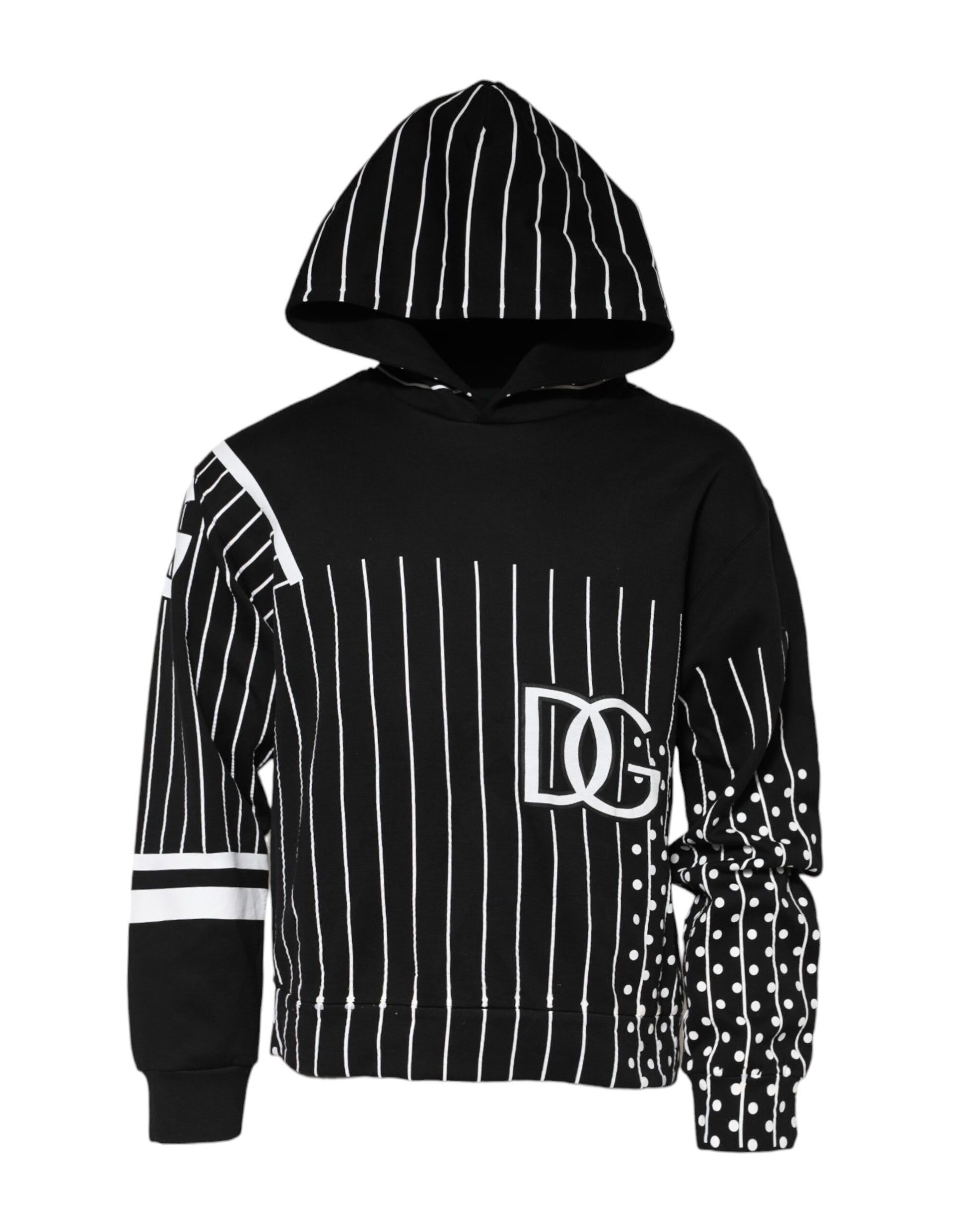 Black hoodie with white stripes and lettering