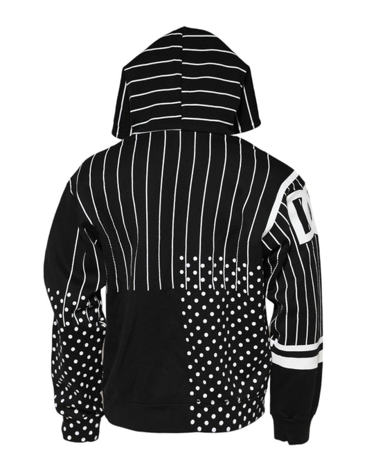 Black hoodie with white polka dots and stripes on sleeves