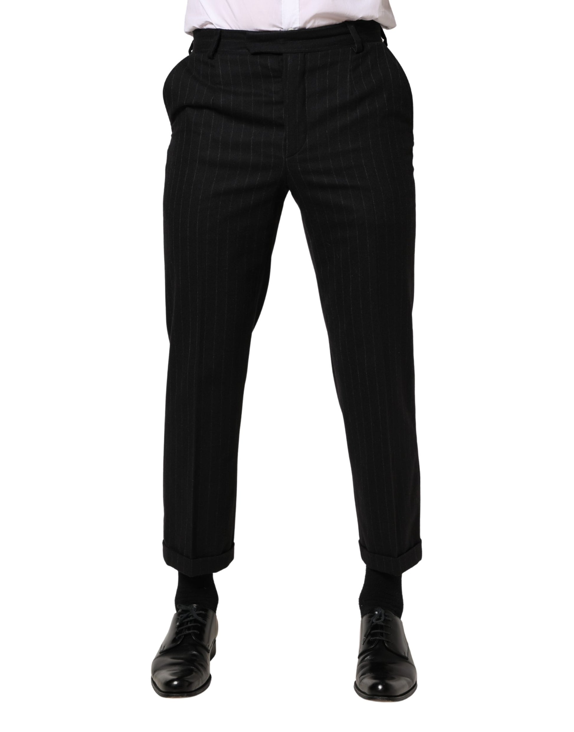 Men's formal trousers with black stripe pattern, wool material