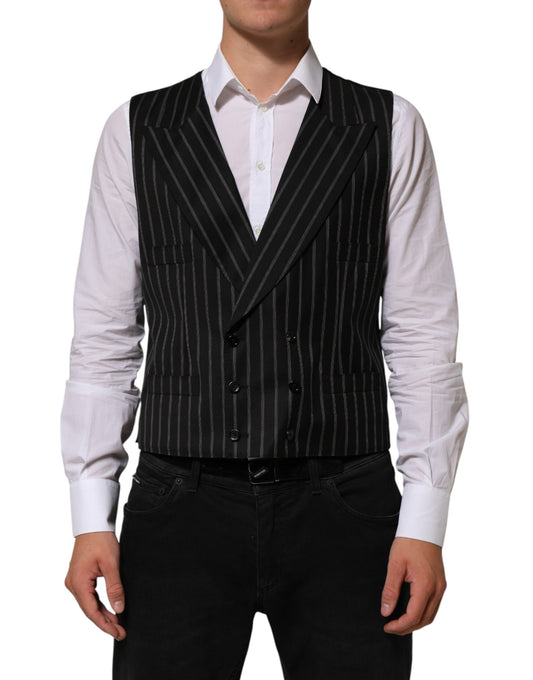 A black vest with wool material and striped pattern, part of a men's suit