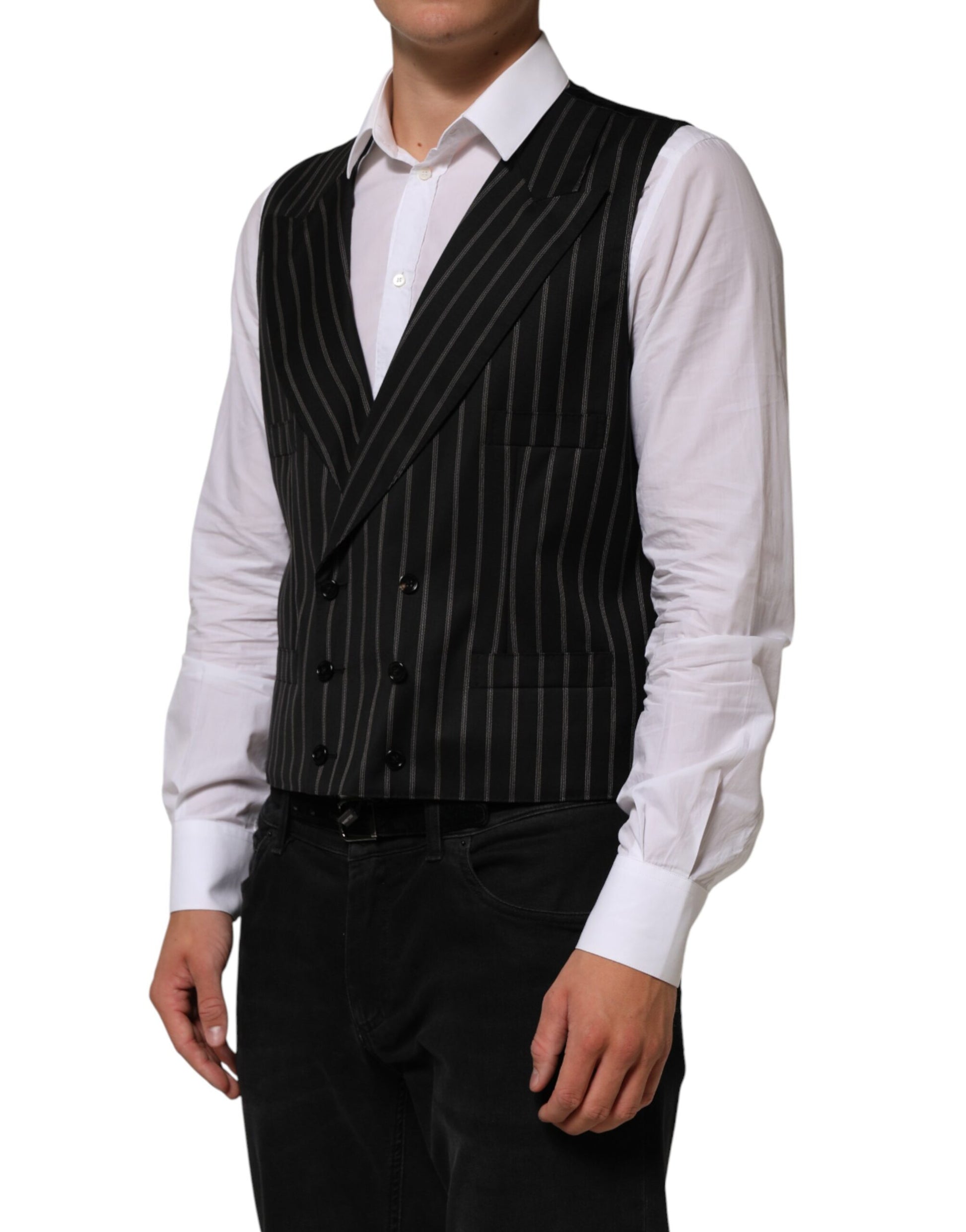 A black vest with stripes, part of a men's suit