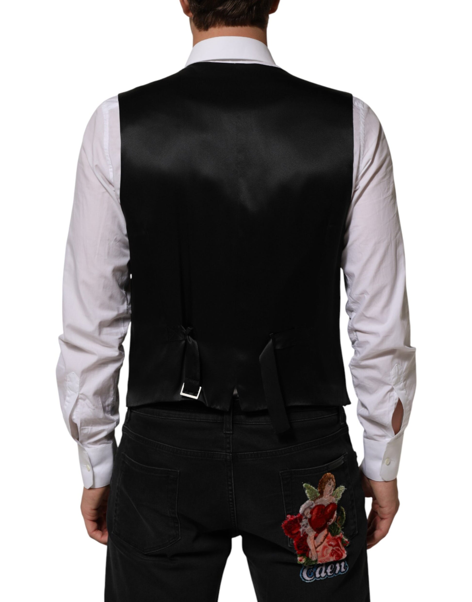 A black vest with stripes, part of a men's suit